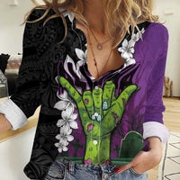 Hawaiian Halloween Women Casual Shirt Horror Shaka Hand with Plumeria and Polynesian Tattoo Midnight Color