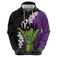 Hawaiian Halloween Zip Hoodie Horror Shaka Hand with Plumeria and Polynesian Tattoo Midnight Color