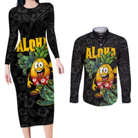 Hawaiian Halloween Couples Matching Long Sleeve Bodycon Dress and Long Sleeve Button Shirt Aloha Pinapple with Mysterious Hands and Polynesian Tribal Tattoo