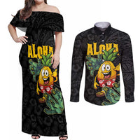 Hawaiian Halloween Couples Matching Off Shoulder Maxi Dress and Long Sleeve Button Shirt Aloha Pinapple with Mysterious Hands and Polynesian Tribal Tattoo