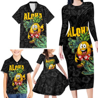 Hawaiian Halloween Family Matching Long Sleeve Bodycon Dress and Hawaiian Shirt Aloha Pinapple with Mysterious Hands and Polynesian Tribal Tattoo