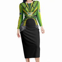 Cook Islands Rugby League Custom Long Sleeve Bodycon Dress Polynesian and Tatau Tribal Art - Black Color