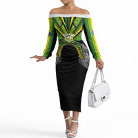 Cook Islands Rugby League Custom Off The Shoulder Long Sleeve Dress Polynesian and Tatau Tribal Art - Black Color