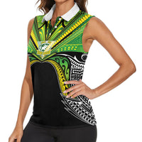 Cook Islands Rugby League Custom Women Sleeveless Polo Shirt Polynesian and Tatau Tribal Art - Black Color