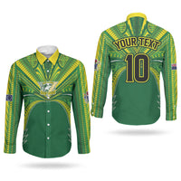 Cook Islands Rugby League Custom Couples Matching Puletasi and Long Sleeve Button Shirt Polynesian and Tatau Tribal Art - Green Color