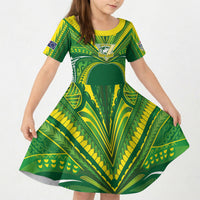 Cook Islands Rugby League Custom Kid Short Sleeve Dress Polynesian and Tatau Tribal Art - Green Color