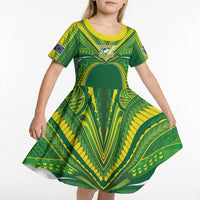 Cook Islands Rugby League Custom Kid Short Sleeve Dress Polynesian and Tatau Tribal Art - Green Color