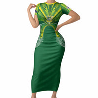 Cook Islands Rugby League Custom Short Sleeve Bodycon Dress Polynesian and Tatau Tribal Art - Green Color