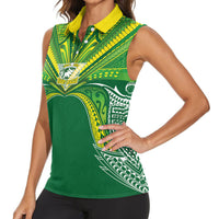 Cook Islands Rugby League Custom Women Sleeveless Polo Shirt Polynesian and Tatau Tribal Art - Green Color