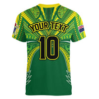 Cook Islands Rugby League Custom Women V-Neck T-Shirt Polynesian and Tatau Tribal Art - Green Color