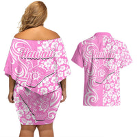 Hawaii Kauai Island Couples Matching Off Shoulder Short Dress and Hawaiian Shirt Hibiscus Pattern Seamless Tribal Simple Pink LT03 - Polynesian Pride