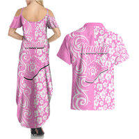 Hawaii Kauai Island Couples Matching Summer Maxi Dress and Hawaiian Shirt Hibiscus Pattern Seamless Tribal Simple Pink LT03 - Polynesian Pride