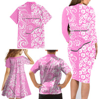 Hawaii Kauai Island Family Matching Long Sleeve Bodycon Dress and Hawaiian Shirt Hibiscus Pattern Seamless Tribal Simple Pink LT03 - Polynesian Pride