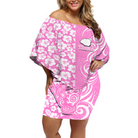Hawaii Kauai Island Off Shoulder Short Dress Hibiscus Pattern Seamless Tribal Simple Pink LT03 Women Pink - Polynesian Pride