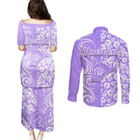 Custom Hawaii Kauai Island Couples Matching Puletasi Dress and Long Sleeve Button Shirts Hibiscus Pattern Seamless Tribal Simple Purple LT03 - Polynesian Pride