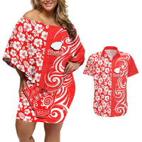 Custom Hawaii Kauai Island Couples Matching Off Shoulder Short Dress and Hawaiian Shirt Hibiscus Pattern Seamless Tribal Simple Red LT03 Red - Polynesian Pride