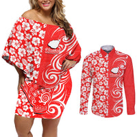 Custom Hawaii Kauai Island Couples Matching Off Shoulder Short Dress and Long Sleeve Button Shirts Hibiscus Pattern Seamless Tribal Simple Red LT03 Red - Polynesian Pride
