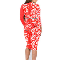 Custom Hawaii Kauai Island Family Matching Long Sleeve Bodycon Dress and Hawaiian Shirt Hibiscus Pattern Seamless Tribal Simple Red LT03 - Polynesian Pride