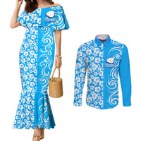 Custom Hawaii Kauai Island Couples Matching Mermaid Dress and Long Sleeve Button Shirts Hibiscus Pattern Seamless Tribal Simple Blue LT03 Blue - Polynesian Pride
