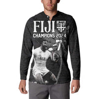 Custom Fiji Rugby Pacific Champions 2024 Button Sweatshirt Anniversary 7 Titles - Fijians Rugby and Tapa Hibiscus Black Art LT03 - Polynesian Pride