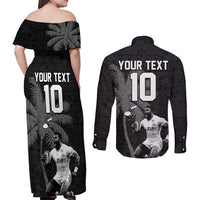 Custom Fiji Rugby Pacific Champions 2024 Couples Matching Off Shoulder Maxi Dress and Long Sleeve Button Shirt Anniversary 7 Titles - Fijians Rugby and Tapa Hibiscus Black Art LT03 - Polynesian Pride