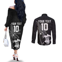 Custom Fiji Rugby Pacific Champions 2024 Couples Matching Off The Shoulder Long Sleeve Dress and Long Sleeve Button Shirt Anniversary 7 Titles - Fijians Rugby and Tapa Hibiscus Black Art LT03 - Polynesian Pride