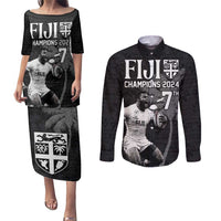 Custom Fiji Rugby Pacific Champions 2024 Couples Matching Puletasi and Long Sleeve Button Shirt Anniversary 7 Titles - Fijians Rugby and Tapa Hibiscus Black Art LT03 Black - Polynesian Pride