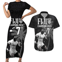 Custom Fiji Rugby Pacific Champions 2024 Couples Matching Short Sleeve Bodycon Dress and Hawaiian Shirt Anniversary 7 Titles - Fijians Rugby and Tapa Hibiscus Black Art LT03 Black - Polynesian Pride