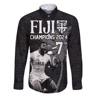 Custom Fiji Rugby Pacific Champions 2024 Family Matching Long Sleeve Bodycon Dress and Hawaiian Shirt Anniversary 7 Titles - Fijians Rugby and Tapa Hibiscus Black Art LT03 Dad's Shirt - Long Sleeve Black - Polynesian Pride