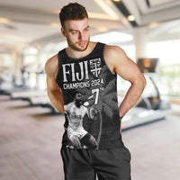 Custom Fiji Rugby Pacific Champions 2024 Men Tank Top Anniversary 7 Titles - Fijians Rugby and Tapa Hibiscus Black Art LT03 Black - Polynesian Pride
