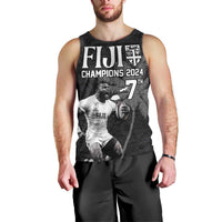 Custom Fiji Rugby Pacific Champions 2024 Men Tank Top Anniversary 7 Titles - Fijians Rugby and Tapa Hibiscus Black Art LT03 - Polynesian Pride