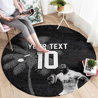 Custom Fiji Rugby Pacific Champions 2024 Round Carpet Anniversary 7 Titles - Fijians Rugby and Tapa Hibiscus Black Art LT03 - Polynesian Pride