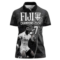Custom Fiji Rugby Pacific Champions 2024 Women Polo Shirt Anniversary 7 Titles - Fijians Rugby and Tapa Hibiscus Black Art LT03 Female Black - Polynesian Pride