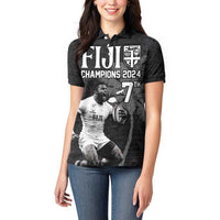 Custom Fiji Rugby Pacific Champions 2024 Women Polo Shirt Anniversary 7 Titles - Fijians Rugby and Tapa Hibiscus Black Art LT03 - Polynesian Pride