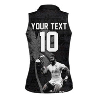 Custom Fiji Rugby Pacific Champions 2024 Women Sleeveless Polo Shirt Anniversary 7 Titles - Fijians Rugby and Tapa Hibiscus Black Art LT03 - Polynesian Pride