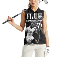 Custom Fiji Rugby Pacific Champions 2024 Women Sleeveless Polo Shirt Anniversary 7 Titles - Fijians Rugby and Tapa Hibiscus Black Art LT03 - Polynesian Pride