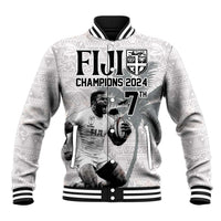 Custom Fiji Rugby Pacific Champions 2024 Baseball Jacket Anniversary 7 Titles - Fijians Rugby and Tapa Hibiscus White Art LT03 Unisex White - Polynesian Pride