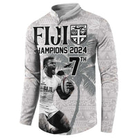 Custom Fiji Rugby Pacific Champions 2024 Button Sweatshirt Anniversary 7 Titles - Fijians Rugby and Tapa Hibiscus White Art LT03 - Polynesian Pride