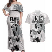 Custom Fiji Rugby Pacific Champions 2024 Couples Matching Off Shoulder Maxi Dress and Hawaiian Shirt Anniversary 7 Titles - Fijians Rugby and Tapa Hibiscus White Art LT03 White - Polynesian Pride