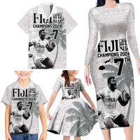 Custom Fiji Rugby Pacific Champions 2024 Family Matching Long Sleeve Bodycon Dress and Hawaiian Shirt Anniversary 7 Titles - Fijians Rugby and Tapa Hibiscus White Art LT03 - Polynesian Pride