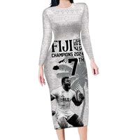 Custom Fiji Rugby Pacific Champions 2024 Family Matching Long Sleeve Bodycon Dress and Hawaiian Shirt Anniversary 7 Titles - Fijians Rugby and Tapa Hibiscus White Art LT03 Mom's Dress White - Polynesian Pride