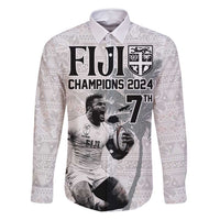 Custom Fiji Rugby Pacific Champions 2024 Family Matching Mermaid Dress and Hawaiian Shirt Anniversary 7 Titles - Fijians Rugby and Tapa Hibiscus White Art LT03 Dad's Shirt - Long Sleeve White - Polynesian Pride