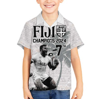 Custom Fiji Rugby Pacific Champions 2024 Family Matching Off The Shoulder Long Sleeve Dress and Hawaiian Shirt Anniversary 7 Titles - Fijians Rugby and Tapa Hibiscus White Art LT03 Son's Shirt White - Polynesian Pride