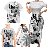 Custom Fiji Rugby Pacific Champions 2024 Family Matching Short Sleeve Bodycon Dress and Hawaiian Shirt Anniversary 7 Titles - Fijians Rugby and Tapa Hibiscus White Art LT03 - Polynesian Pride
