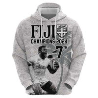 Custom Fiji Rugby Pacific Champions 2024 Hoodie Anniversary 7 Titles - Fijians Rugby and Tapa Hibiscus White Art