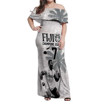Custom Fiji Rugby Pacific Champions 2024 Off Shoulder Maxi Dress Anniversary 7 Titles - Fijians Rugby and Tapa Hibiscus White Art LT03 Women White - Polynesian Pride