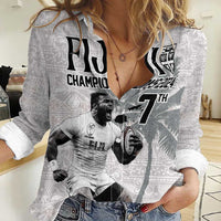 Custom Fiji Rugby Pacific Champions 2024 Women Casual Shirt Anniversary 7 Titles - Fijians Rugby and Tapa Hibiscus White Art LT03 Female White - Polynesian Pride