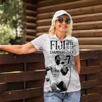Custom Fiji Rugby Pacific Champions 2024 Women Polo Shirt Anniversary 7 Titles - Fijians Rugby and Tapa Hibiscus White Art LT03 - Polynesian Pride