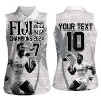 Custom Fiji Rugby Pacific Champions 2024 Women Sleeveless Polo Shirt Anniversary 7 Titles - Fijians Rugby and Tapa Hibiscus White Art LT03 - Polynesian Pride