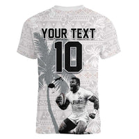 Custom Fiji Rugby Pacific Champions 2024 Women V-Neck T-Shirt Anniversary 7 Titles - Fijians Rugby and Tapa Hibiscus White Art LT03 - Polynesian Pride